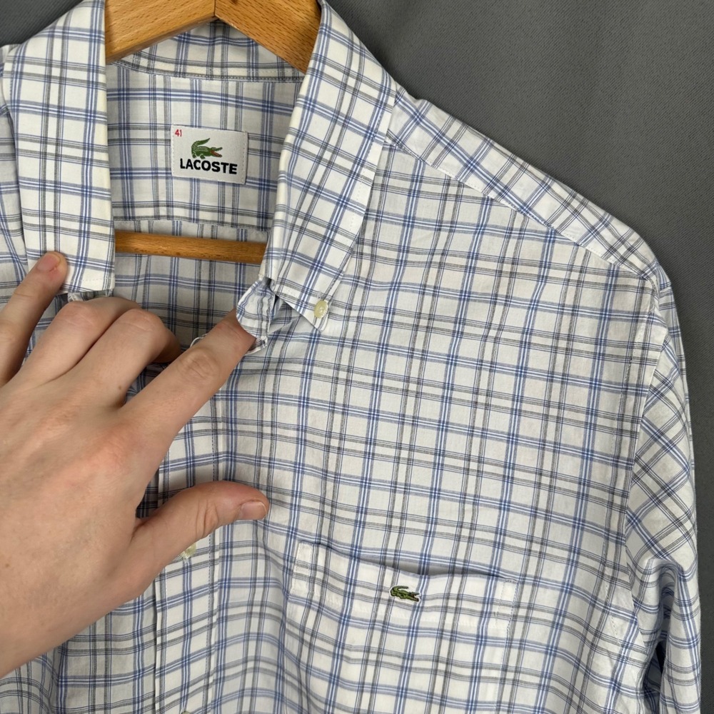 Lacoste Mens Plaid Button Down Shirt Blue Grey White Long Sleeve Size 41 Logo - Picture 4 of 7